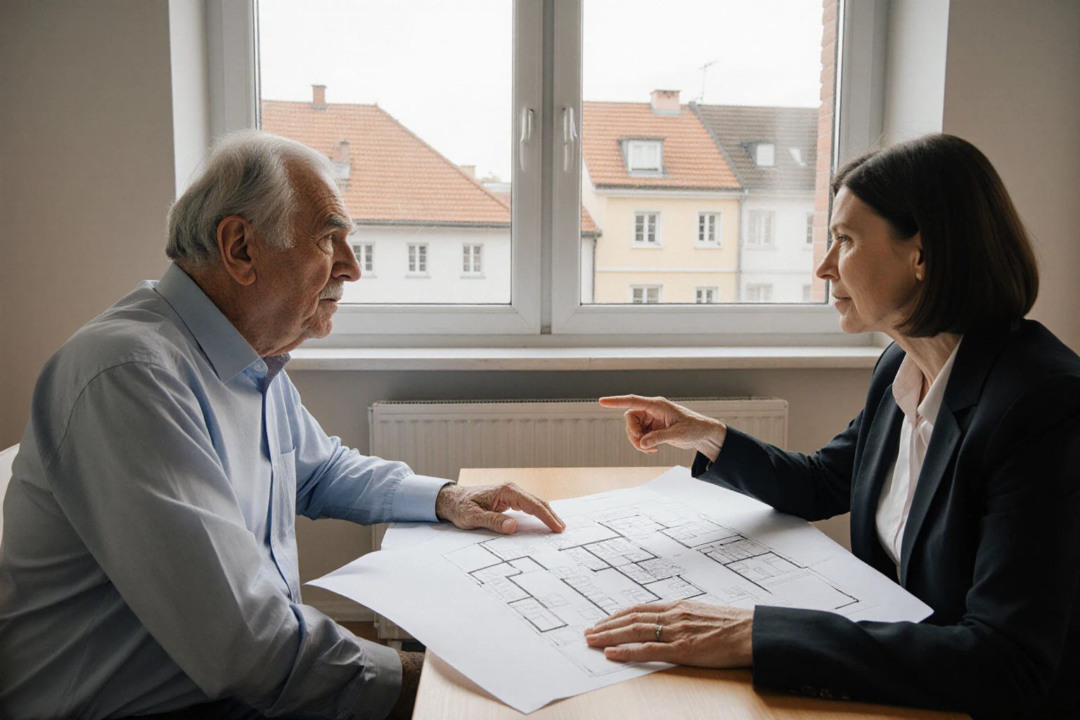 Älterer Mann und Frau besprechen einen Immobiliengrundriss in einem hellen Wohnraum